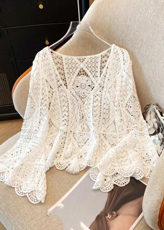 Shirt Brief Neck Lace Out Spring White V Hollow