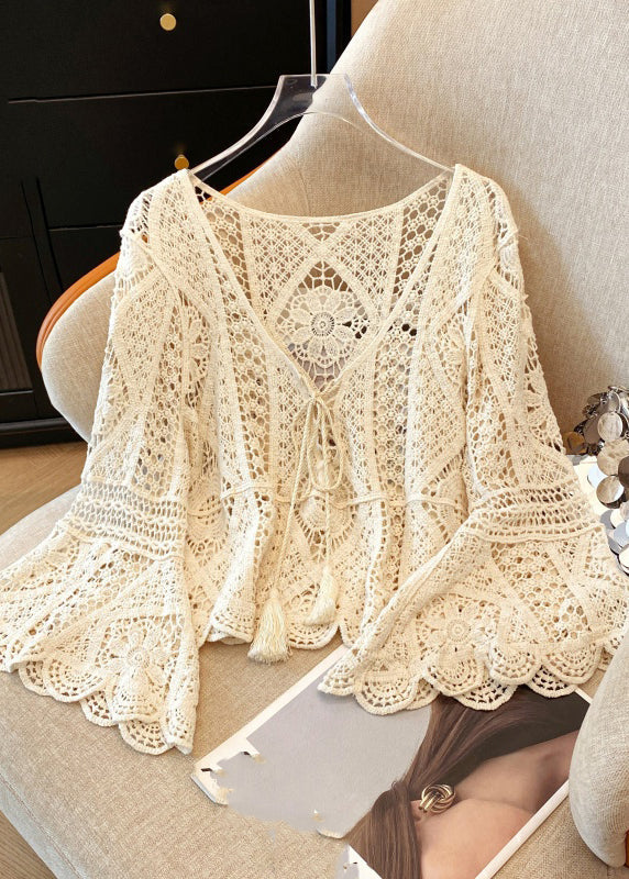 Shirt Brief Neck Lace Out Spring White V Hollow