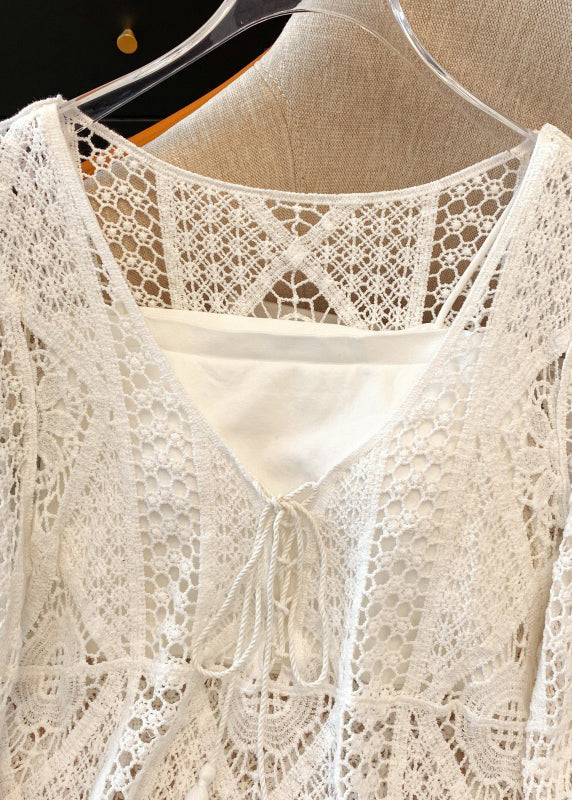 Shirt Brief Neck Lace Out Spring White V Hollow