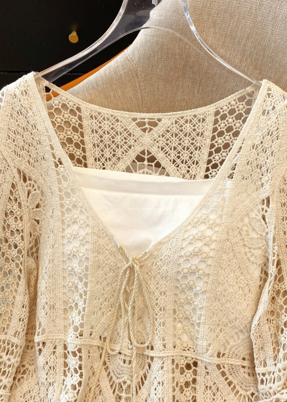 Shirt Brief Neck Lace Out Spring White V Hollow