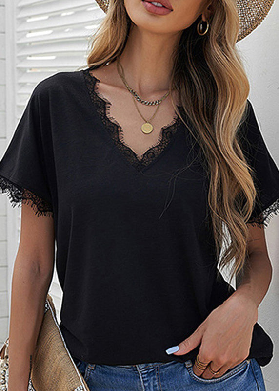 V Shirt Lace White Short Patchwork Brief Solid Neck T Sleeve