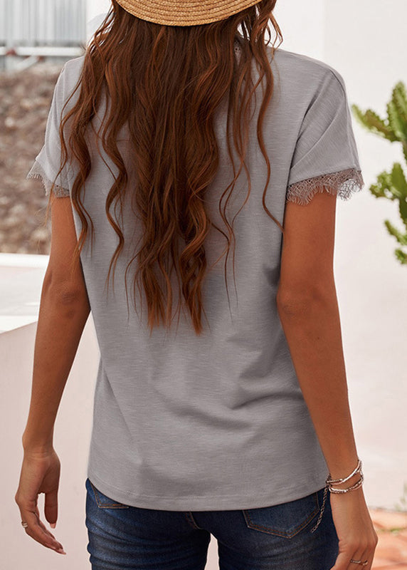 Brief Patchwork Sleeve Neck Solid T V Shirt Lace Short White