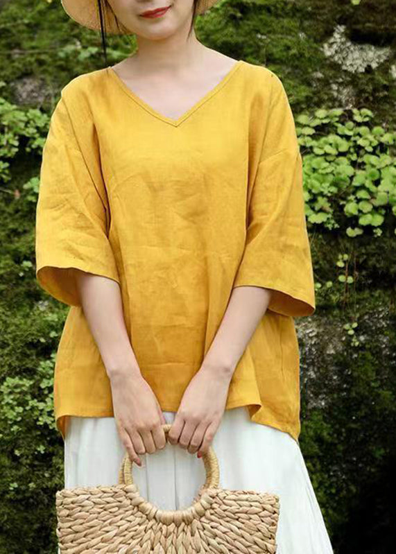 Brief Yellow V Neck Tops Half Sleeve GH1083