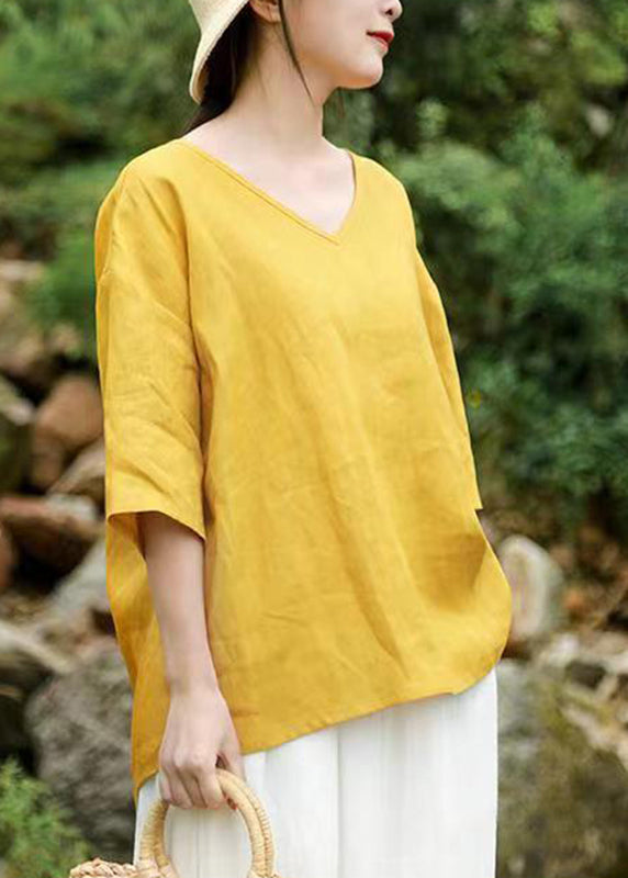 Brief Yellow V Neck Tops Half Sleeve GH1083