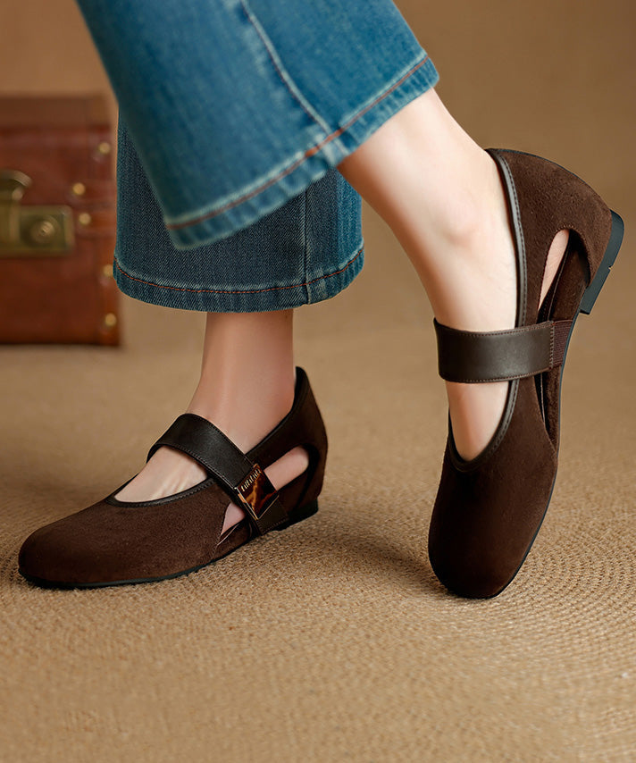 Strap Brown Suede Shoes Women Buckle Wedge Splicing