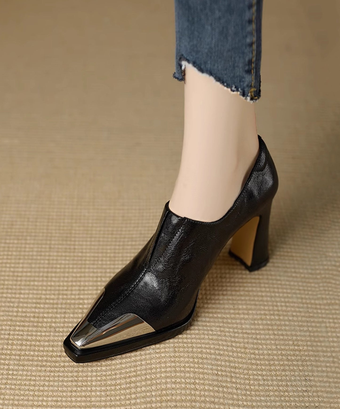 Brown Chunky High Heels Sheepskin Classy Splicing Pointed Toe RX012