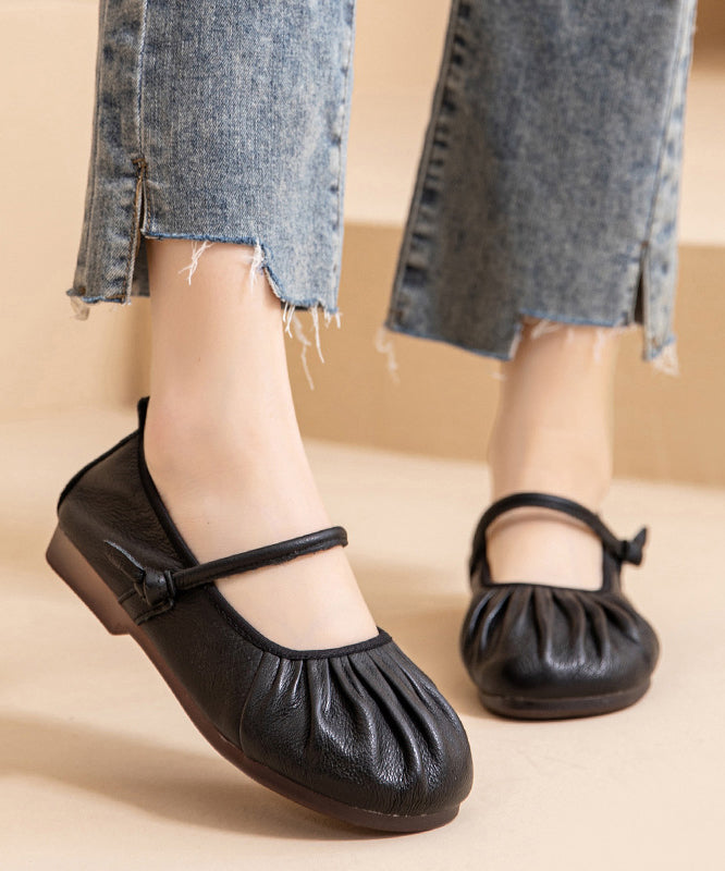 Cowhide Shoes Comfy Leather Brown Flat Women Wrinkled Splicing