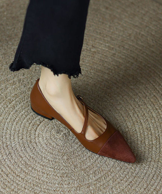 Toe Shoes Leather Splicing Pointed Flat Cowhide Brown French
