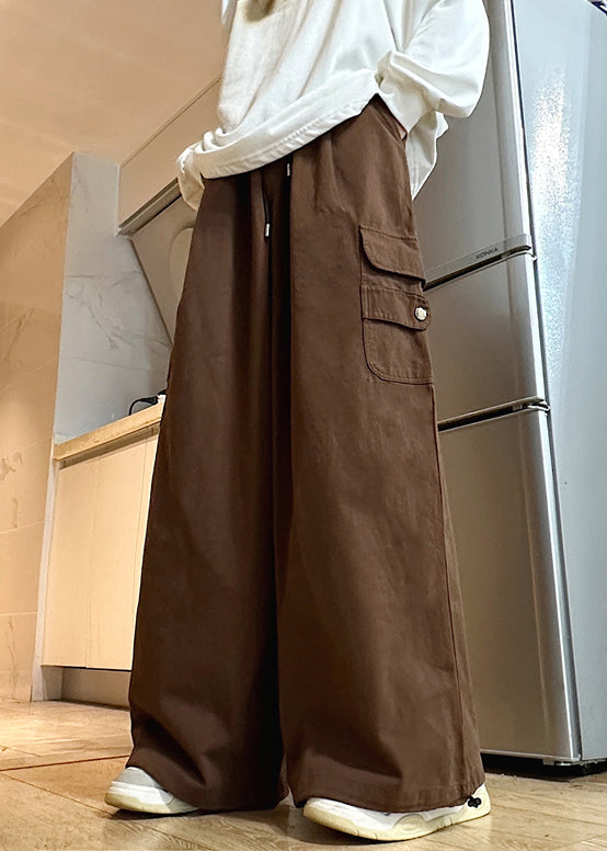 Brown Solid Cotton Waist Drawstring Elastic Wide Leg Mens Pants