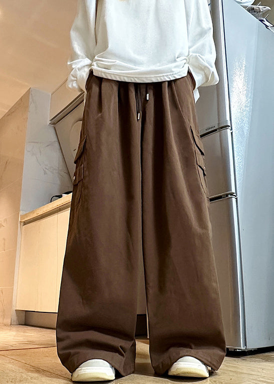 Brown Solid Cotton Waist Drawstring Elastic Wide Leg Mens Pants