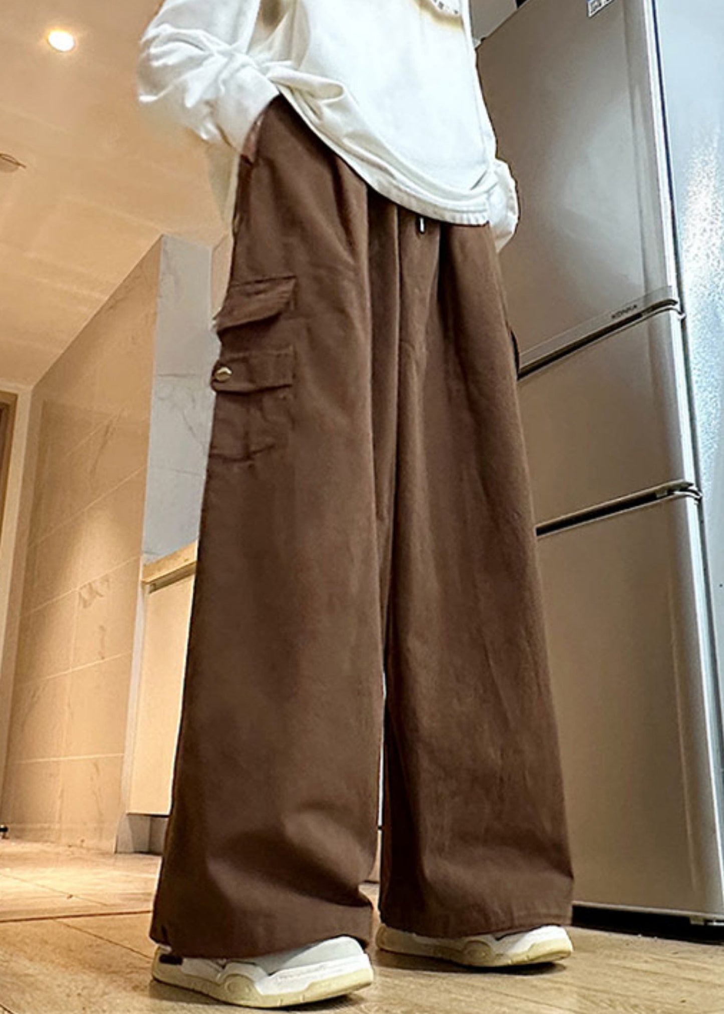 Brown Solid Cotton Waist Drawstring Elastic Wide Leg Mens Pants