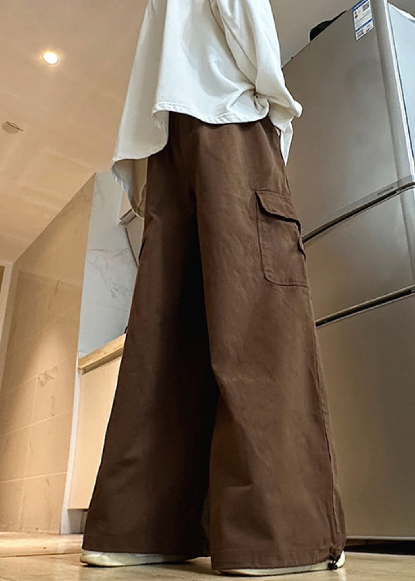 Brown Solid Cotton Waist Drawstring Elastic Wide Leg Mens Pants