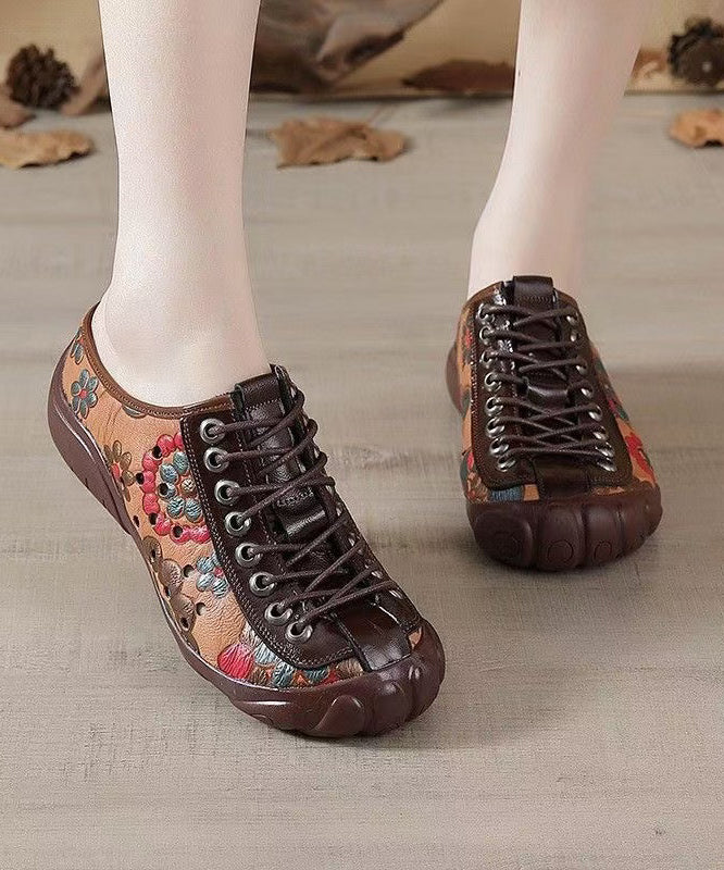 Cross Brown Strap Splicing Leather Flat Cowhide Shoes Embossed