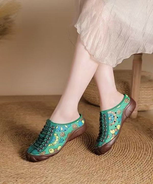 Brown Embossed Leather Flat Cross Shoes Cowhide Strap Splicing