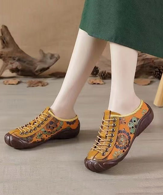 Brown Embossed Leather Flat Cross Shoes Cowhide Strap Splicing