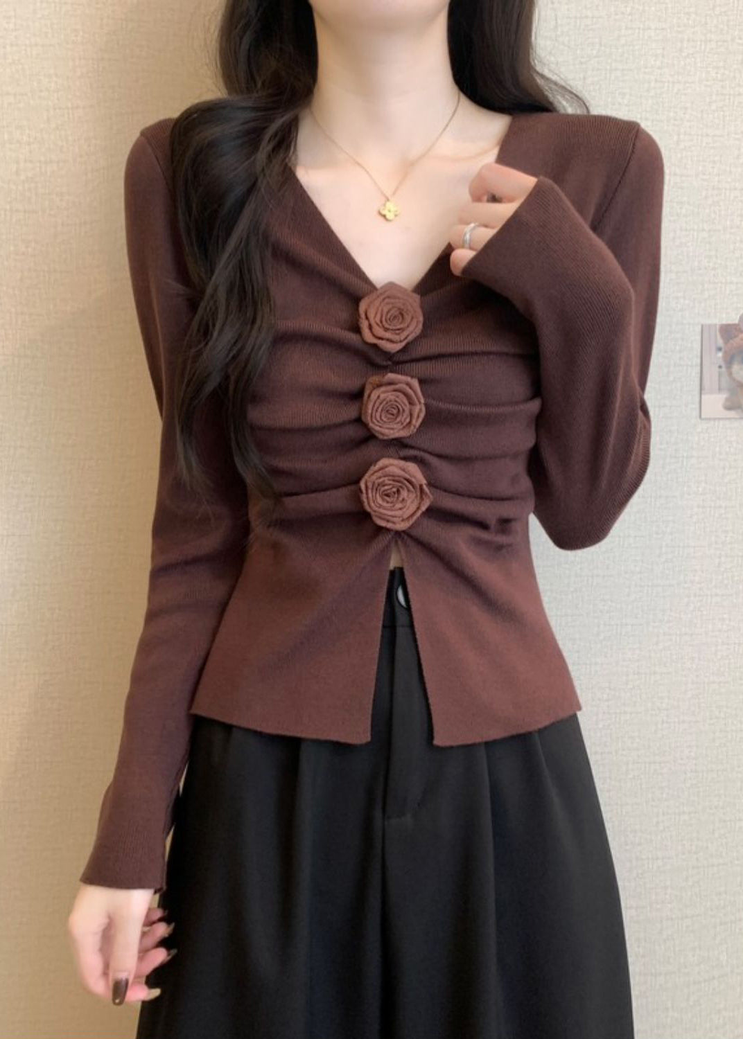 Brown Floral Knit Pullover Side Open Spring TM031