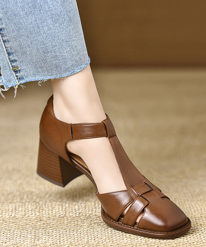 Hollow Cowhide Leather Out Splicing Chic Brown Chunky Sandals