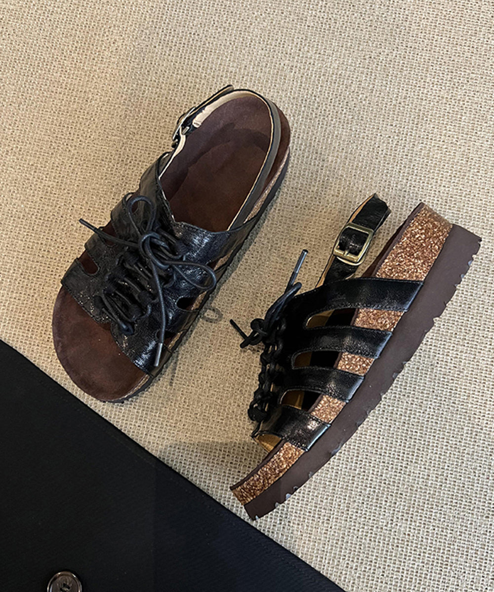 Brown Out Lace Toe Hollow Splicing Up Sandals Peep Platform