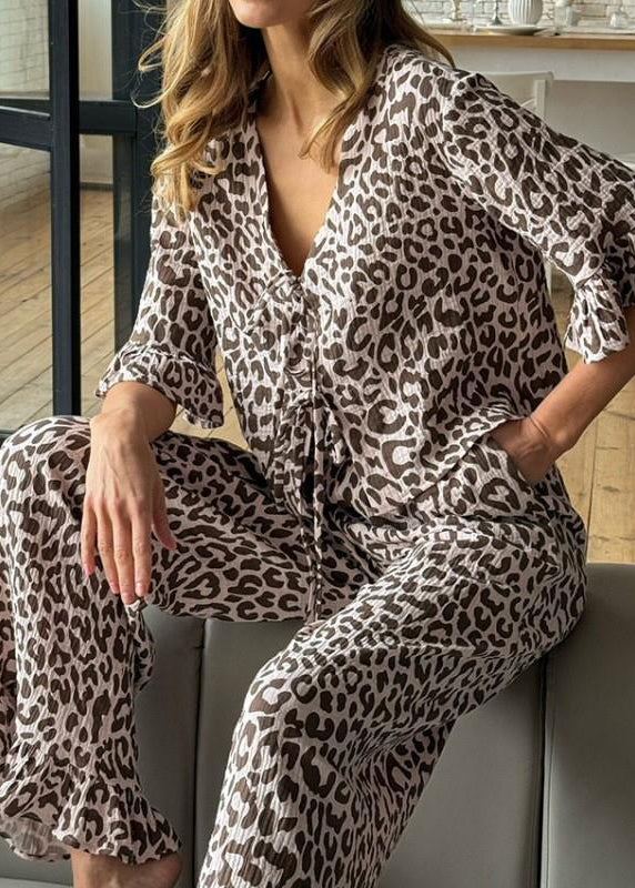 Sets Print Up Flare Cotton Brown Sleeve Leopard Lace Pajama