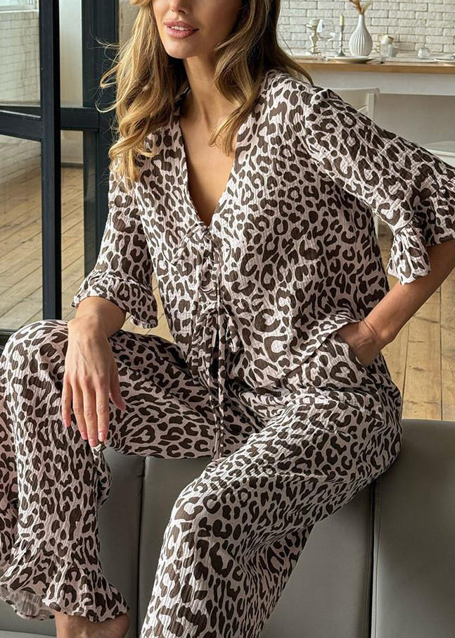Sets Print Up Flare Cotton Brown Sleeve Leopard Lace Pajama