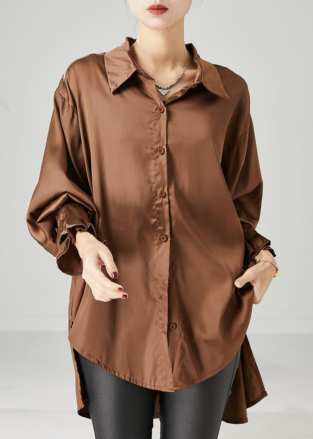 Brown Oversized Chiffon Blouse Low High Design Spring YU1052