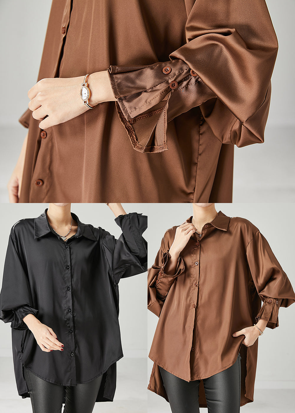 Brown Oversized Chiffon Blouse Low High Design Spring YU1052