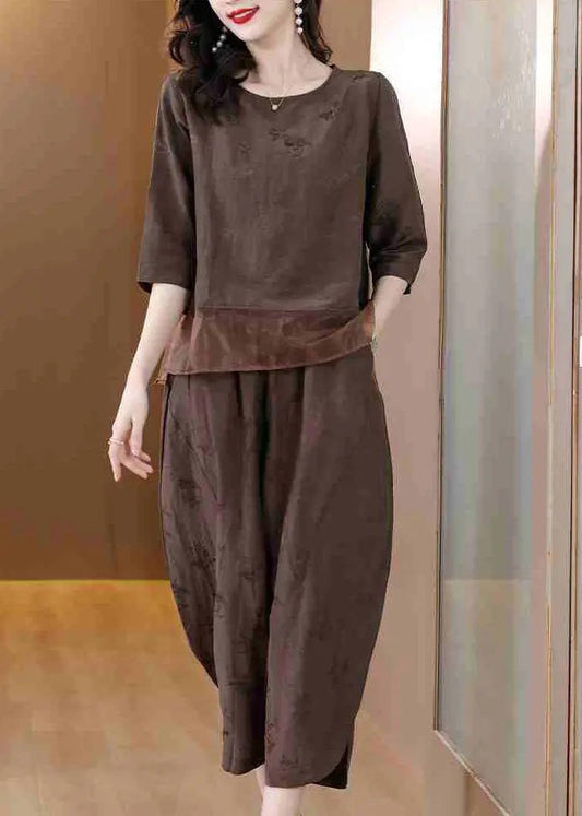 Brown Patchwork Linen Two-Piece Set Oversized Jacquard Spring Ada Fashion