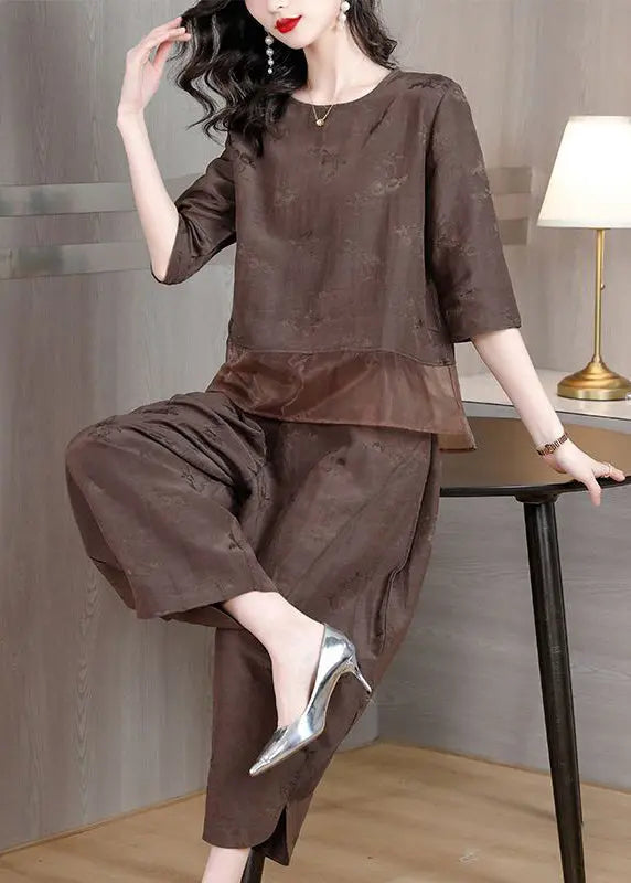 Brown Patchwork Linen Two-Piece Set Oversized Jacquard Spring Ada Fashion