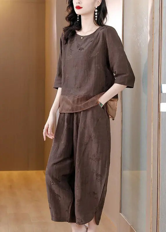 Brown Patchwork Linen Two-Piece Set Oversized Jacquard Spring Ada Fashion