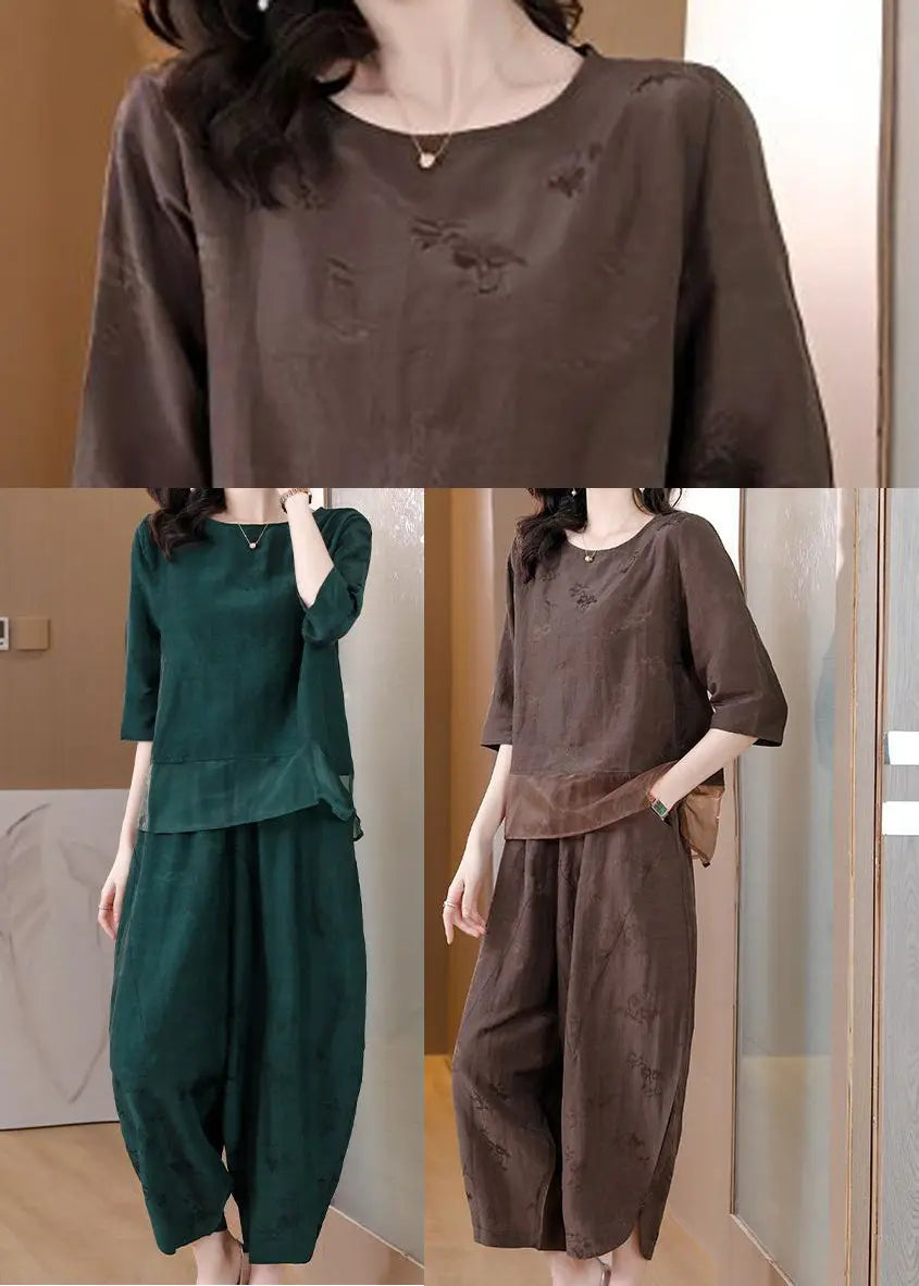 Brown Patchwork Linen Two-Piece Set Oversized Jacquard Spring Ada Fashion