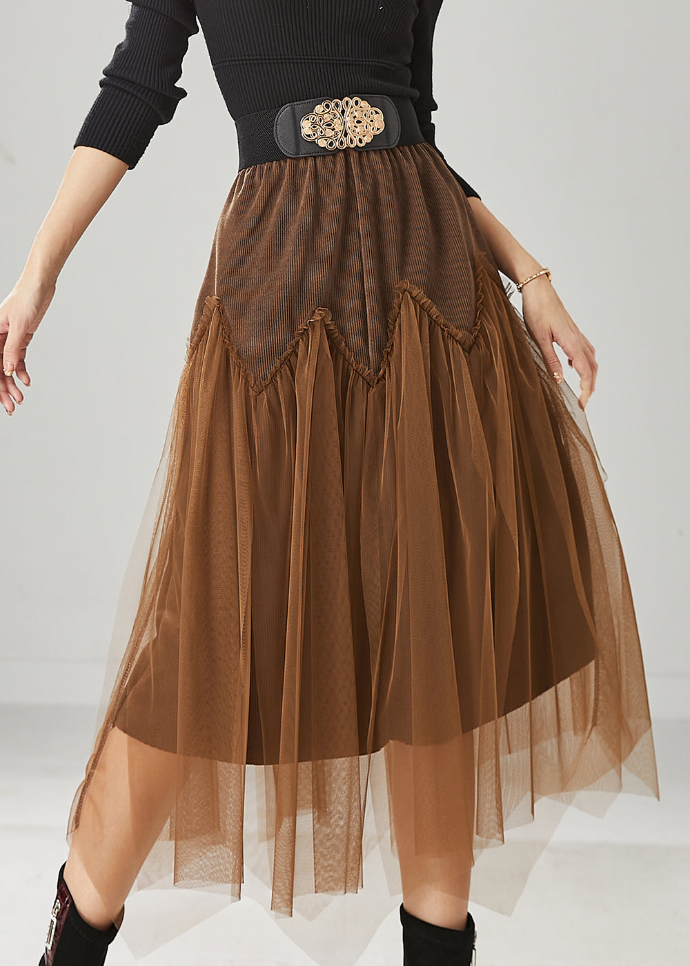 Brown Patchwork Tulle Corduroy Skirt Elastic Waist Spring YU1026