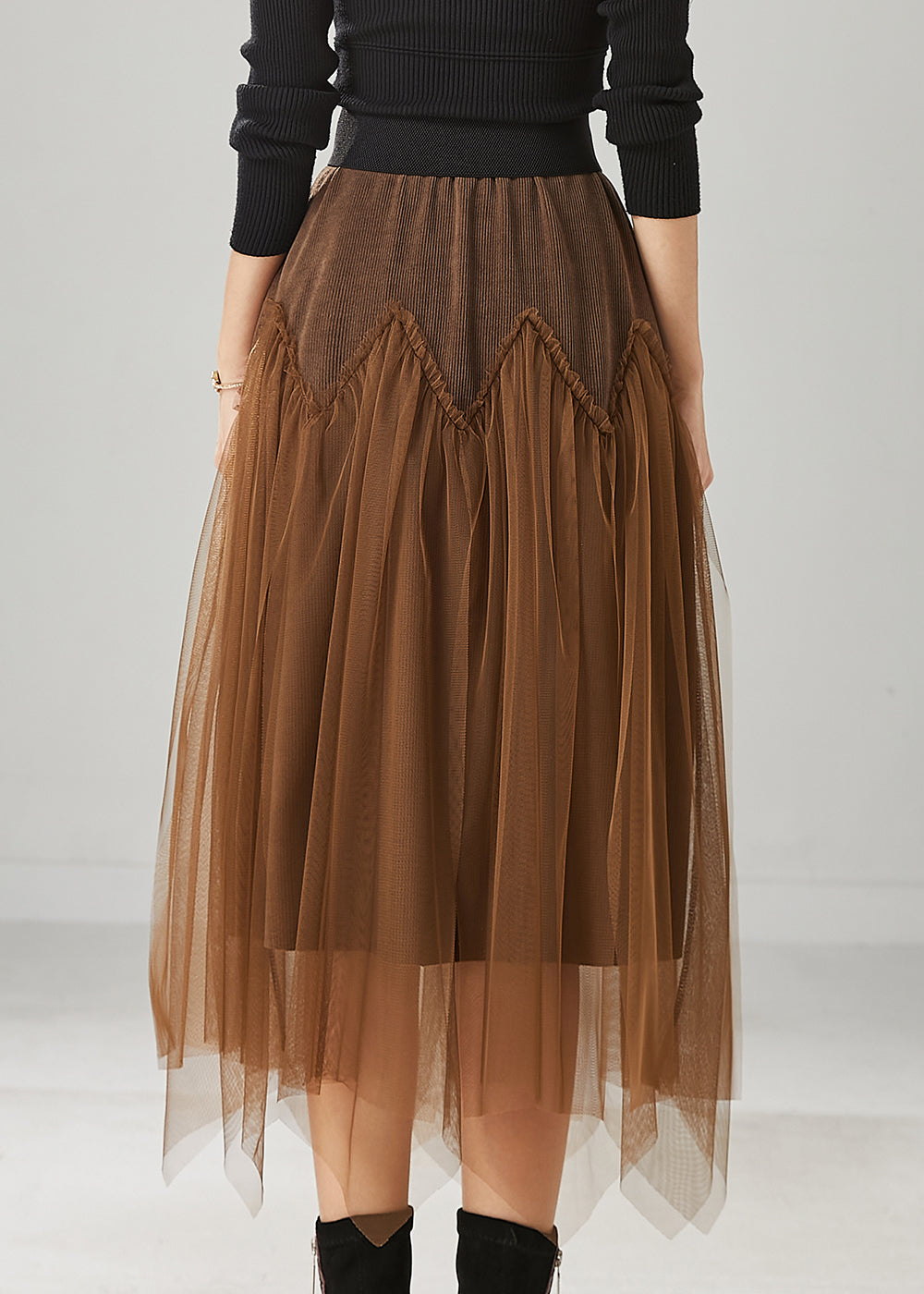 Brown Patchwork Tulle Corduroy Skirt Elastic Waist Spring YU1026