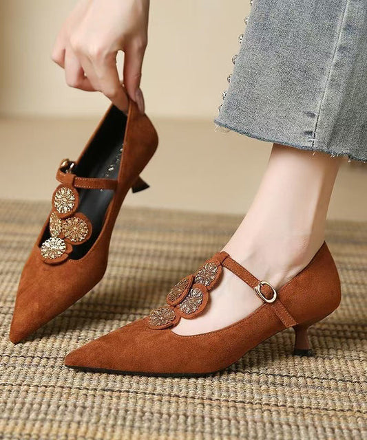 Heels Women Brown Suede High Pointed Splicing Toe
