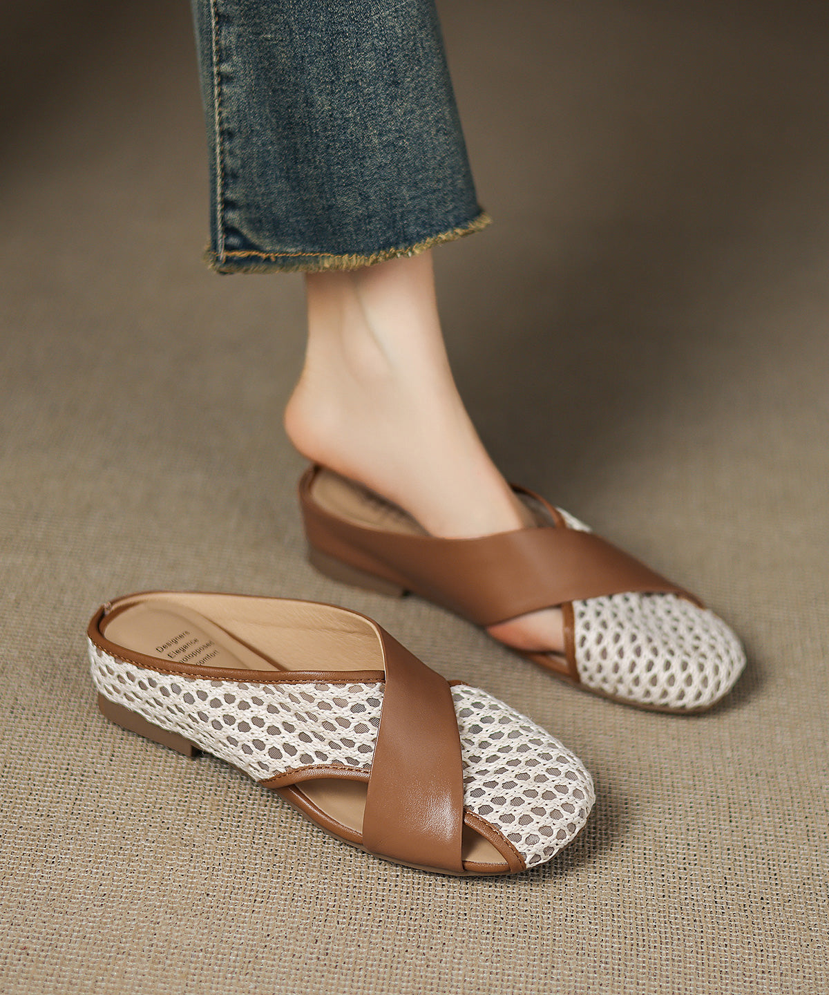 New Slide Sheepskin Sandals Breathable Brown Splicing Mesh