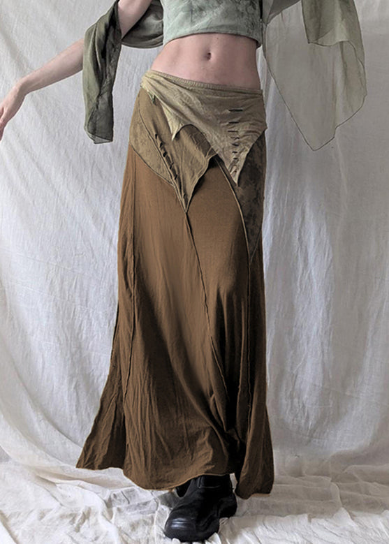 Summer Side Brown Open Patchwork Skirt Elastic Waist Cotton