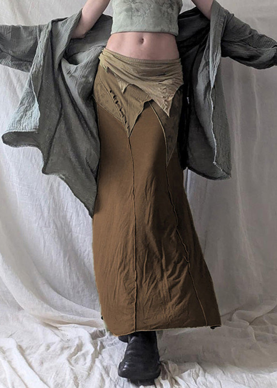 Summer Side Brown Open Patchwork Skirt Elastic Waist Cotton