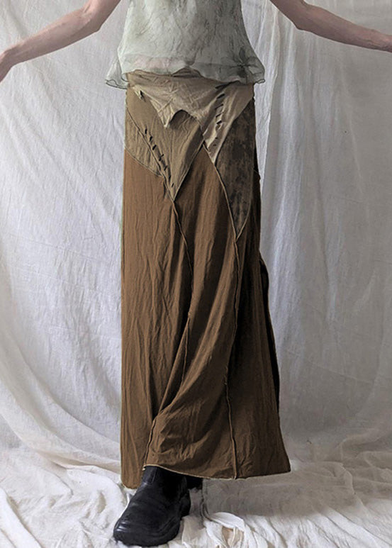 Summer Side Brown Open Patchwork Skirt Elastic Waist Cotton