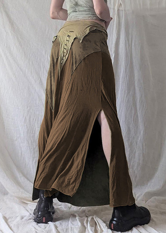 Summer Side Brown Open Patchwork Skirt Elastic Waist Cotton