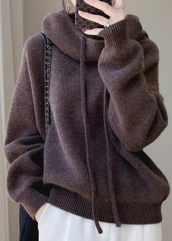 Knit Solid Spring Brown Sweater Cozy Hooded Wool