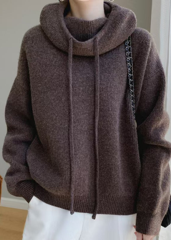 Knit Solid Spring Brown Sweater Cozy Hooded Wool