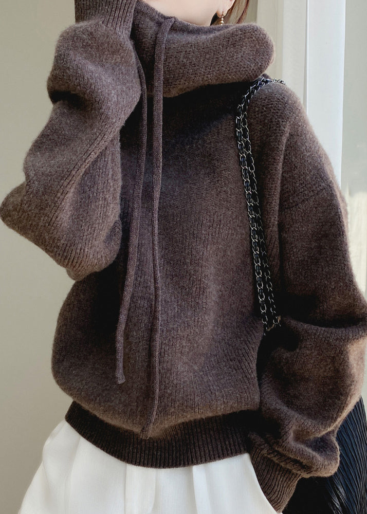 Knit Solid Spring Brown Sweater Cozy Hooded Wool