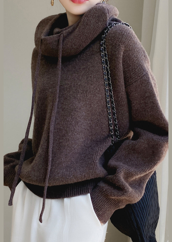 Knit Solid Spring Brown Sweater Cozy Hooded Wool