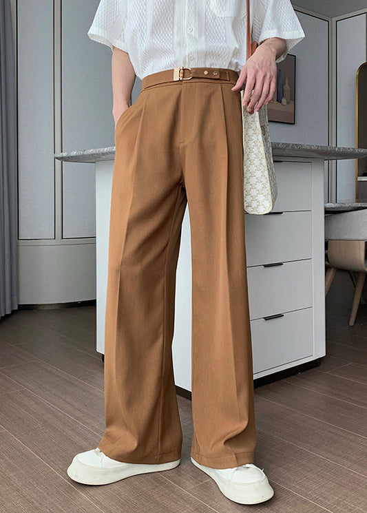 High Waist Solid Fall Brown Men Spandex Pants