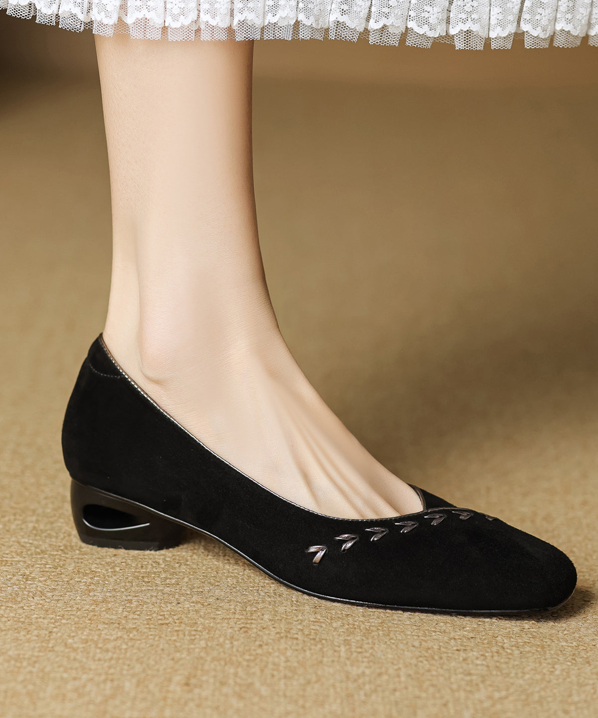 Toe Elegant Splicing Square Brown Shoes Suede Chunky