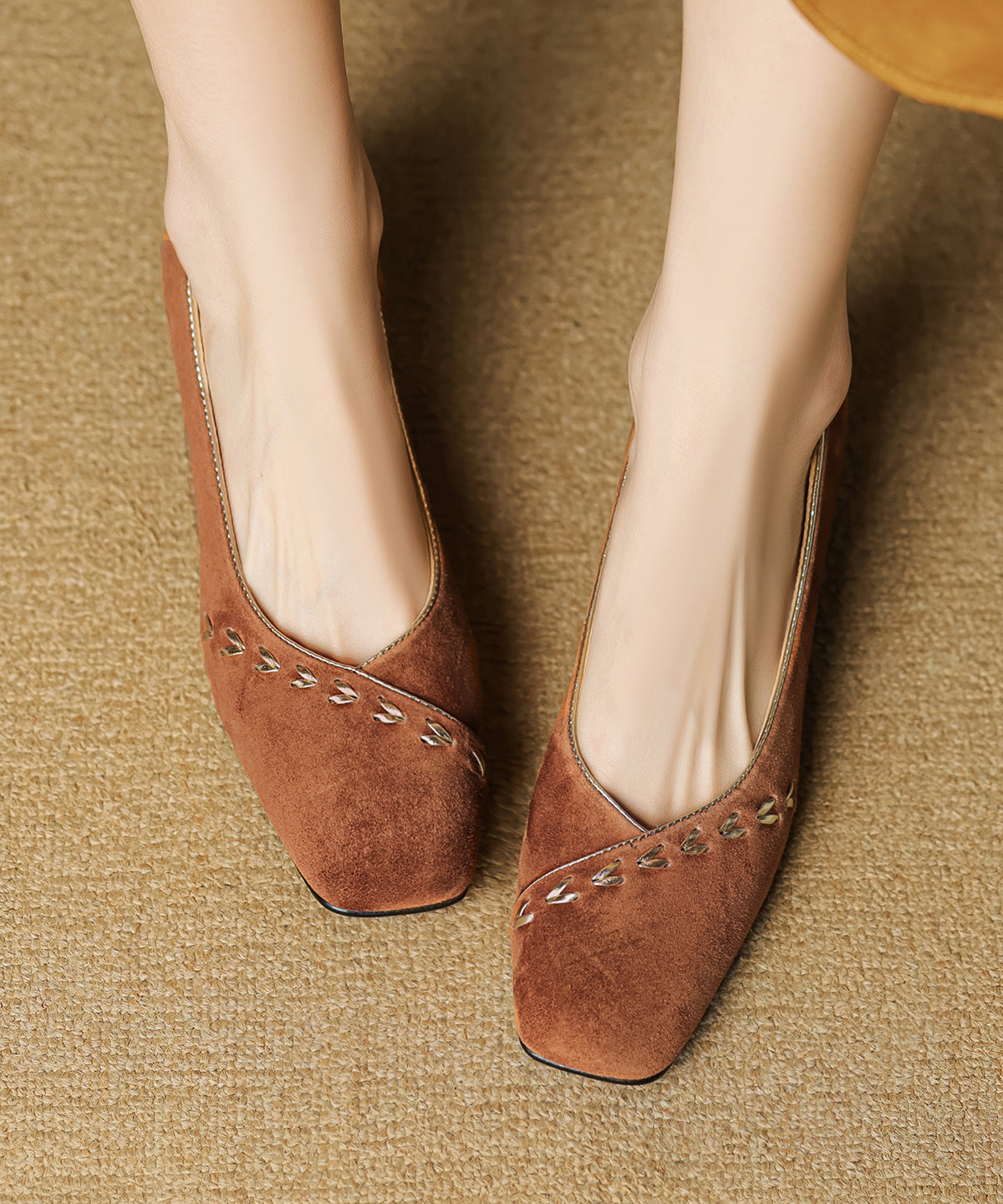 Toe Elegant Splicing Square Brown Shoes Suede Chunky