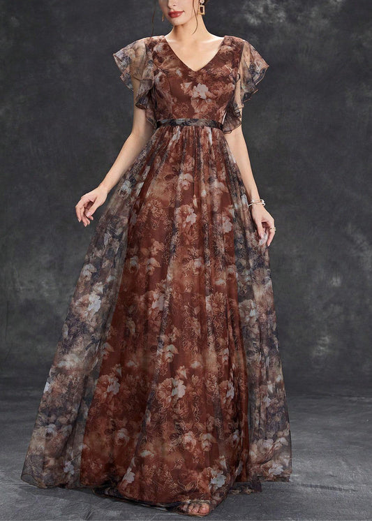 Brown Short V Dress Neck Sleeve Tulle Long Print