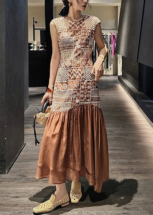 Brown Long Zippered Out Hollow Patchwork Dresses Cotton