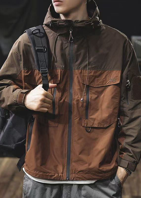 Coat Loose Men Hooded Zippered Pockets Brown Cotton Patchwork