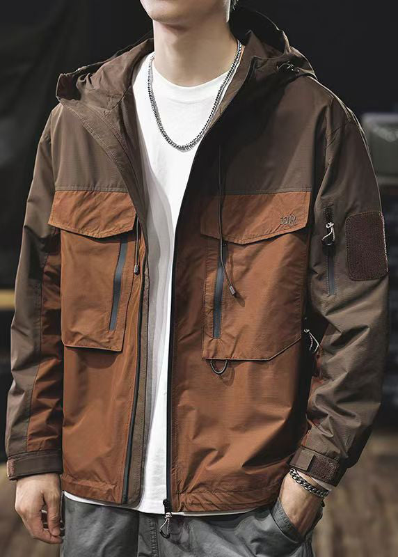 Coat Loose Men Hooded Zippered Pockets Brown Cotton Patchwork