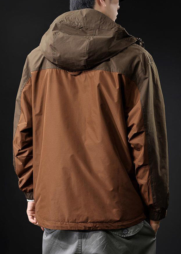 Coat Loose Men Hooded Zippered Pockets Brown Cotton Patchwork